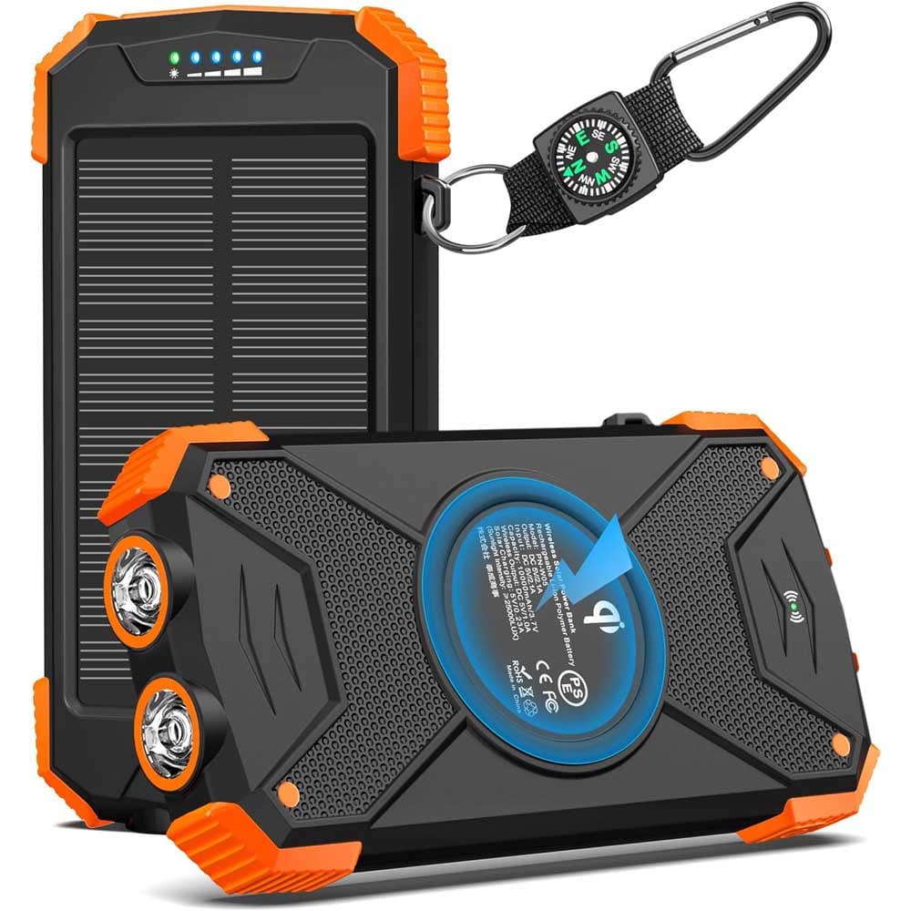 BLAVOR solar power bank with USB-C, Qi wireless charging, flashlight, and compass — reliable outdoor gadget gift for adventurous teen boys