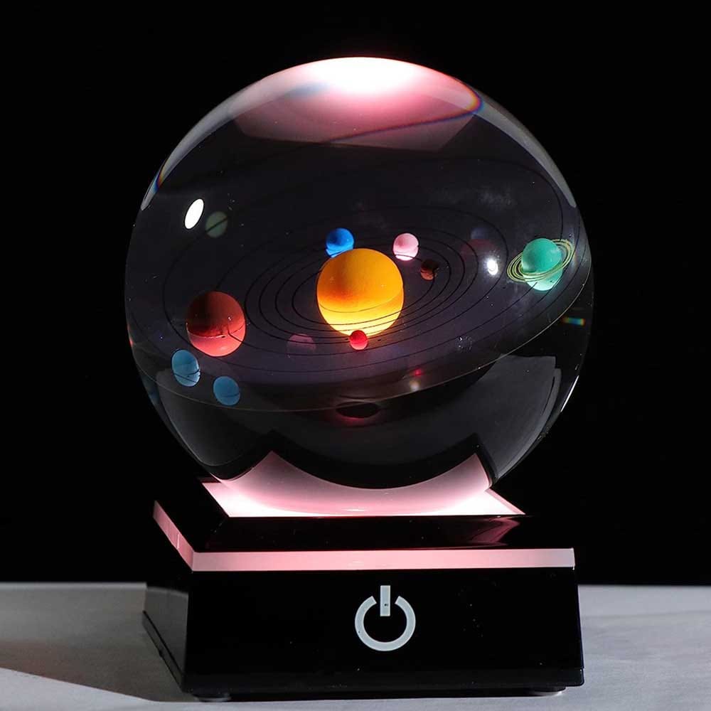 3D laser-engraved crystal ball with solar system model and LED base — elegant astronomy-themed gift for science lovers