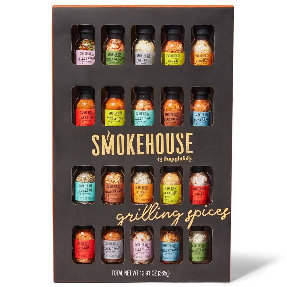 Smokehouse BBQ spice set with 20 unique rubs and seasonings — gift box for grilling, barbecues, and flavor-loving husbands