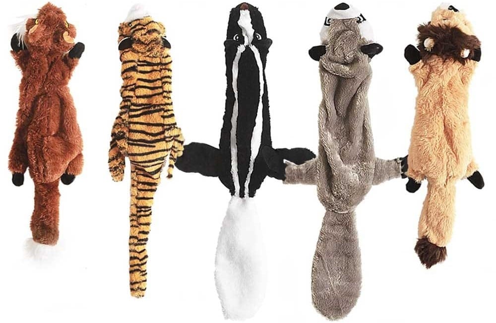 Set of five stuffing-free plush dog toys shaped like woodland animals — safe, squeaky, and perfect for chewing or tug-of-war