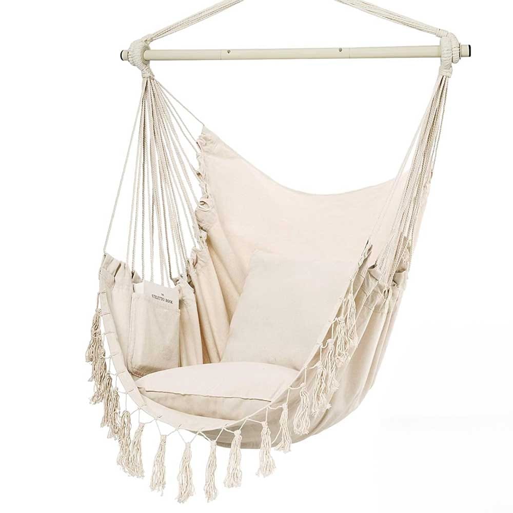 Rope swing hammock chair with cushions and metal bar — relaxing indoor/outdoor gift for moms who love to unwind