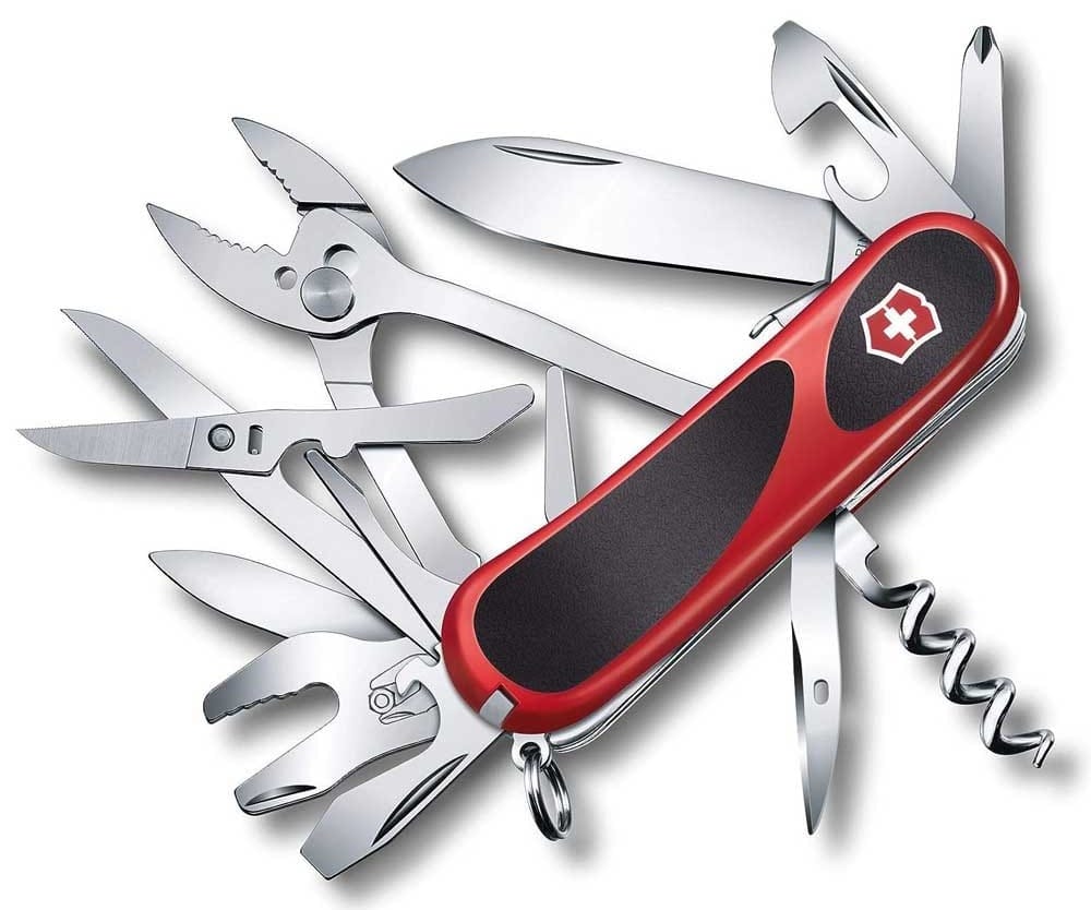 Victorinox Evolution Swiss Army Knife with 21 functions, rubber grip, locking blade, pliers, scissors, and wire stripper — practical multitool gift for men