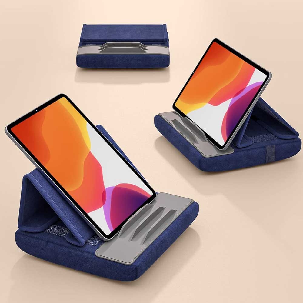 Tablet pillow stand in soft fabric, propping up a tablet — a cozy and practical gift for Grandpa's reading, streaming, or video calls