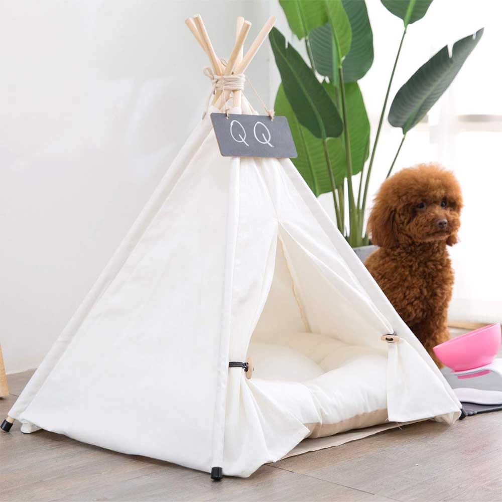 Cotton canvas pet teepee with plush cushion — foldable indoor/outdoor dog tent for comfort, travel, and style