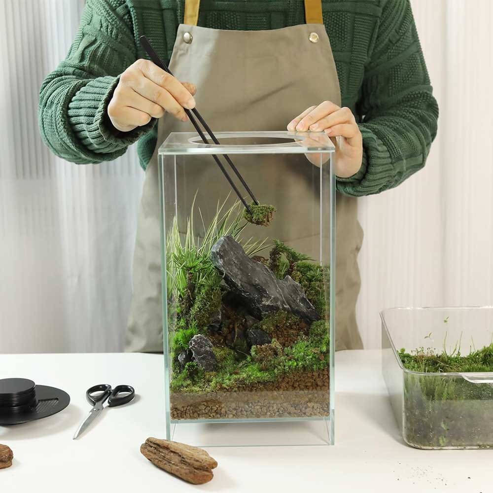Desktop glass terrarium with LED grow light, floating-effect design, and adjustable lid — elegant plant tank or mini aquarium for men who love creative decor
