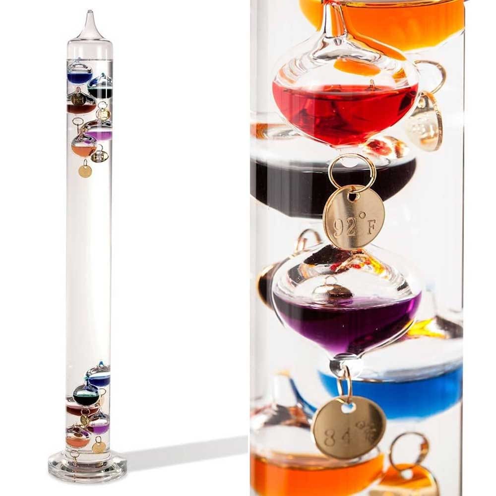 Galileo glass thermometer with floating colored spheres and temperature tags — decorative and functional gift for science-loving husbands
