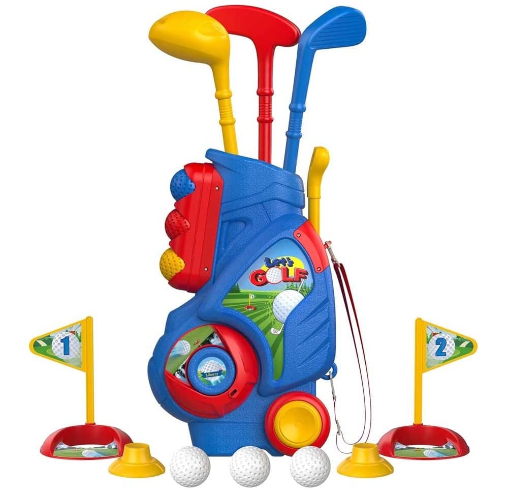 Toddler golf club playset with wheeled caddy, plastic clubs, balls, and flag — portable outdoor toy for active pretend play