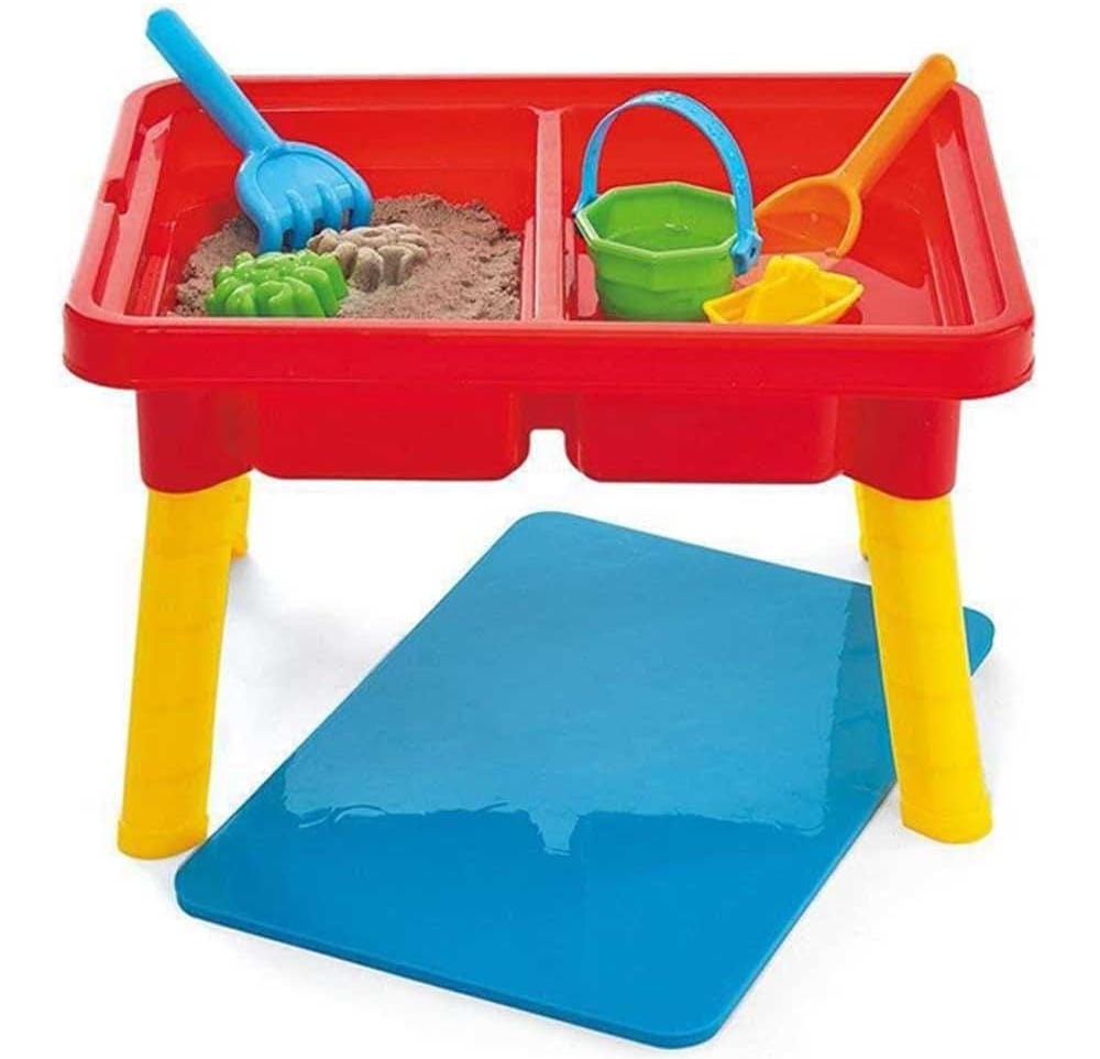 Toddler sand and water play table with beach-themed toys, lid, and storage — outdoor sensory activity set for creative backyard fun