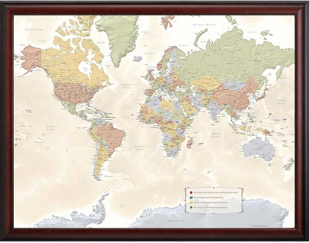 Framed world travel map with push pins and flags — a beautiful engagement gift for couples to track past, present, and future adventures together