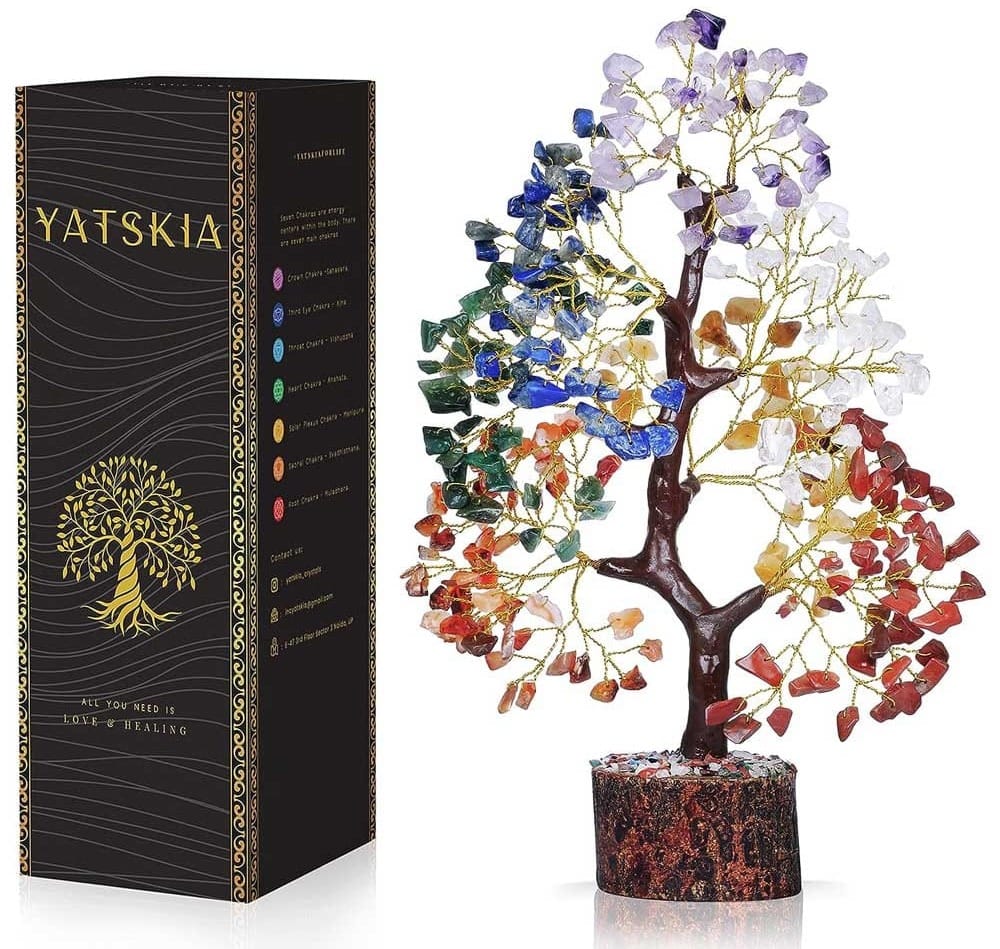 Decorative gemstone chakra crystal tree with seven natural healing stones and wire branches on a wooden base — symbolic housewarming gift