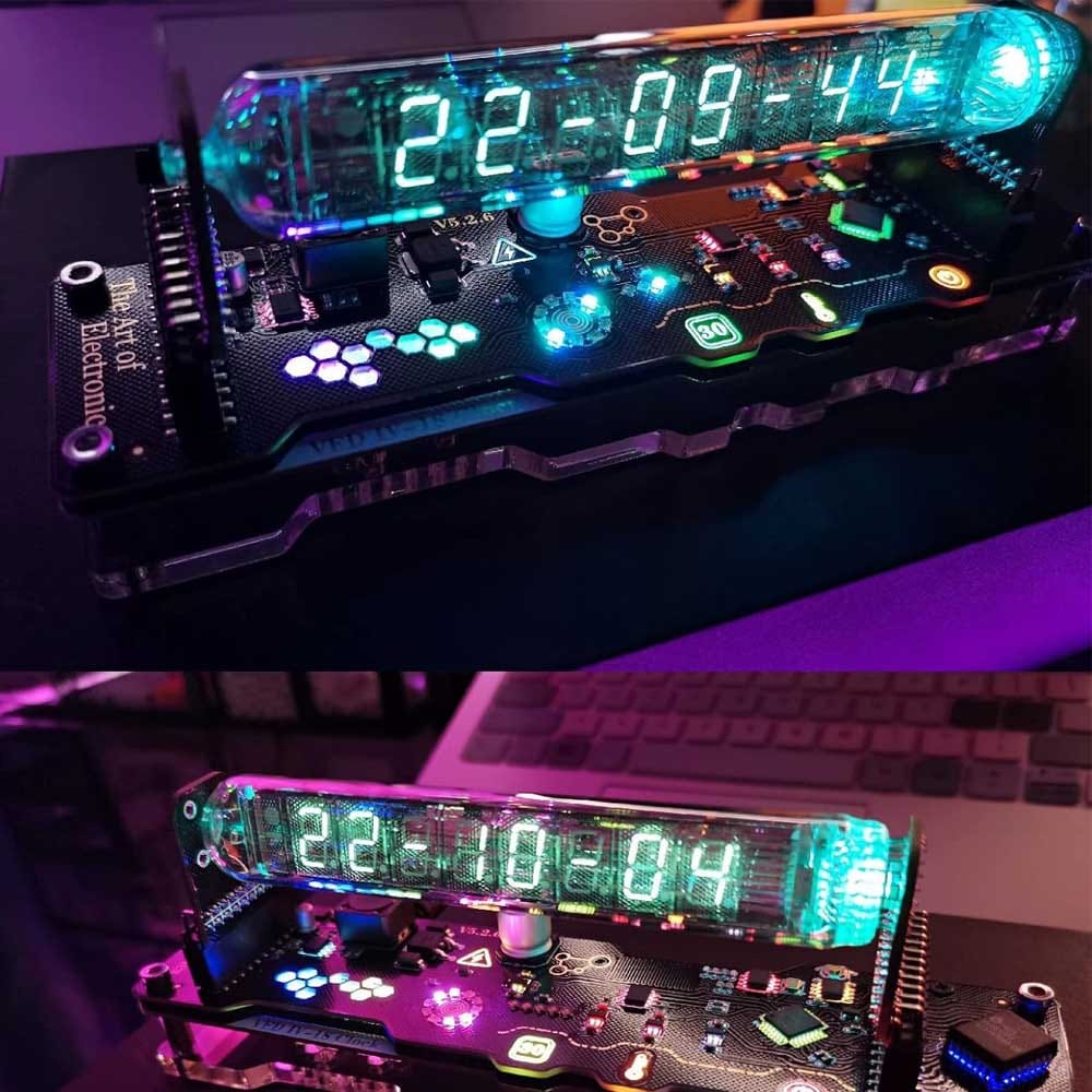 Retro-inspired tube clock with glowing LED display and circuit board base — a futuristic gift for boyfriends who love tech, gaming, or unique desk decor