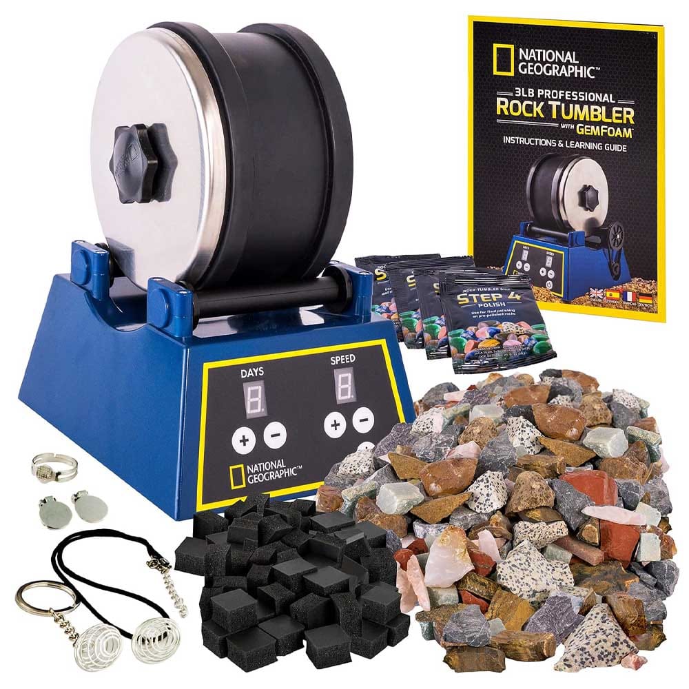 National Geographic rock tumbler kit with raw gemstones and polish — educational hobby gift for teens and adults