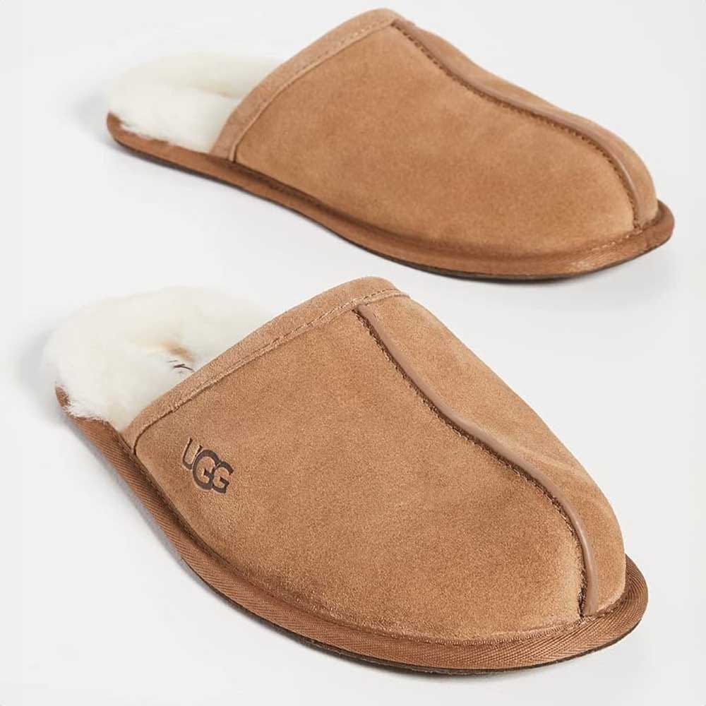 Men’s UGG leather slippers with plush sheepskin lining — cozy and stylish anniversary gift for husbands