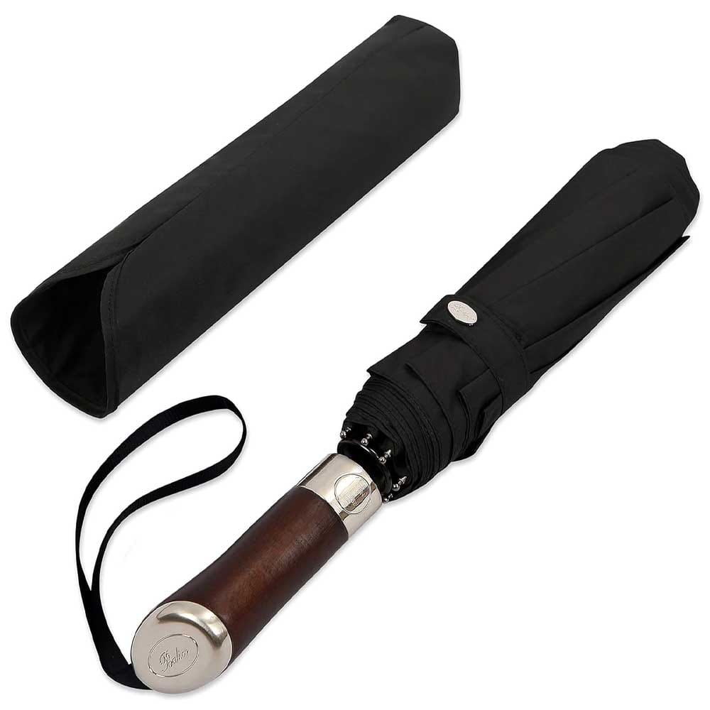 Stylish luxury travel umbrella with wooden handle and high-density canopy — a refined and practical gift for dog walkers in wet weather