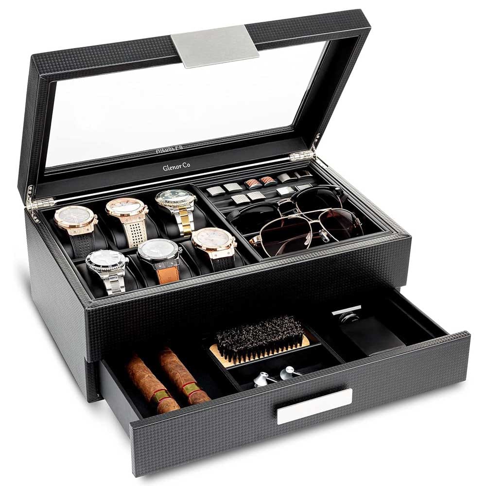 Men’s valet jewelry box with watch cushions, cufflink slots, and hidden compartments — elegant storage gift for husbands