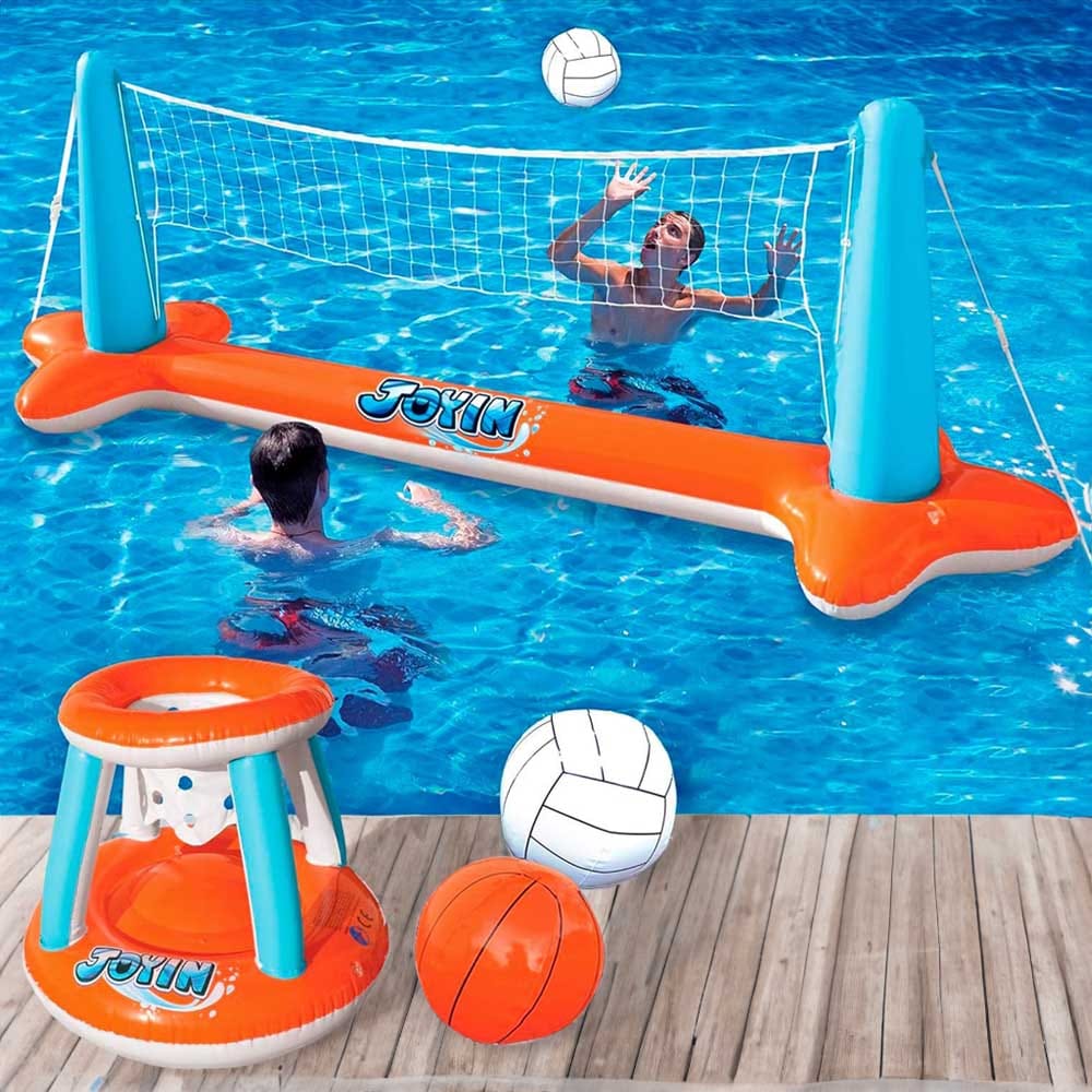 Extra-large inflatable pool volleyball net and floating basketball hoop set — durable PVC water toys for family summer fun