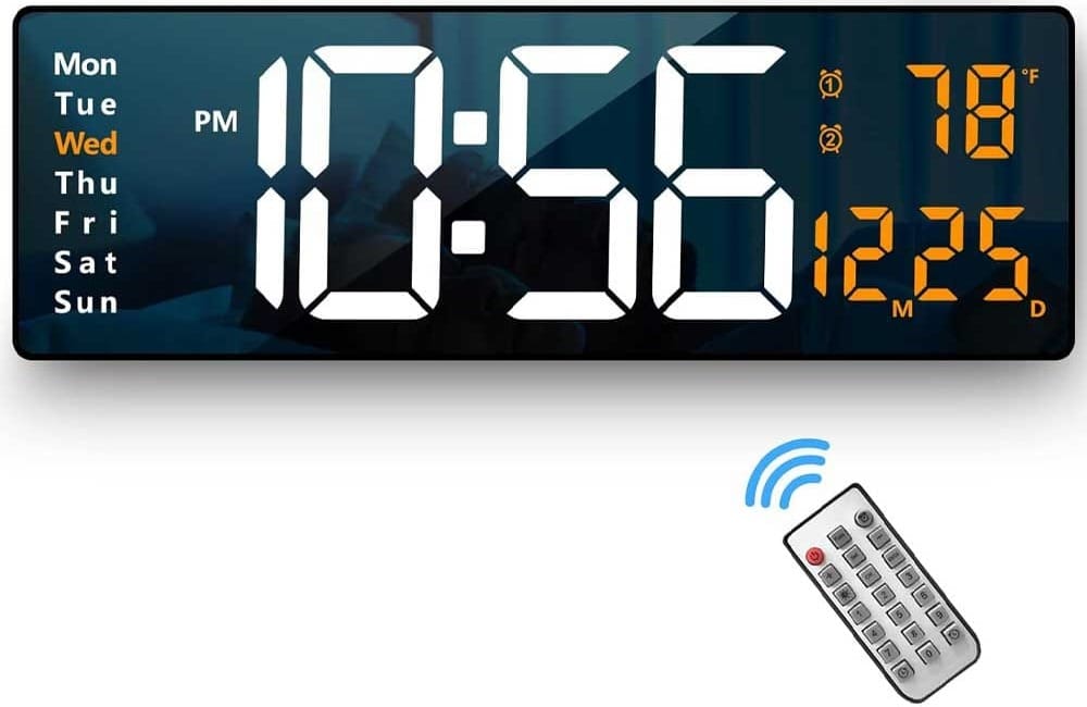 Modern digital wall clock with large LED display, temperature reading, timer, and remote control — perfect tech gift for guys