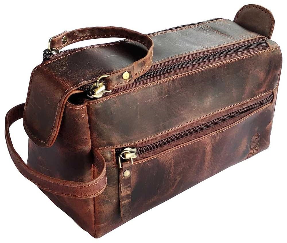 Vintage-style buffalo leather toiletry bag with water-resistant lining and multiple compartments — a stylish and durable gift for boyfriends who travel