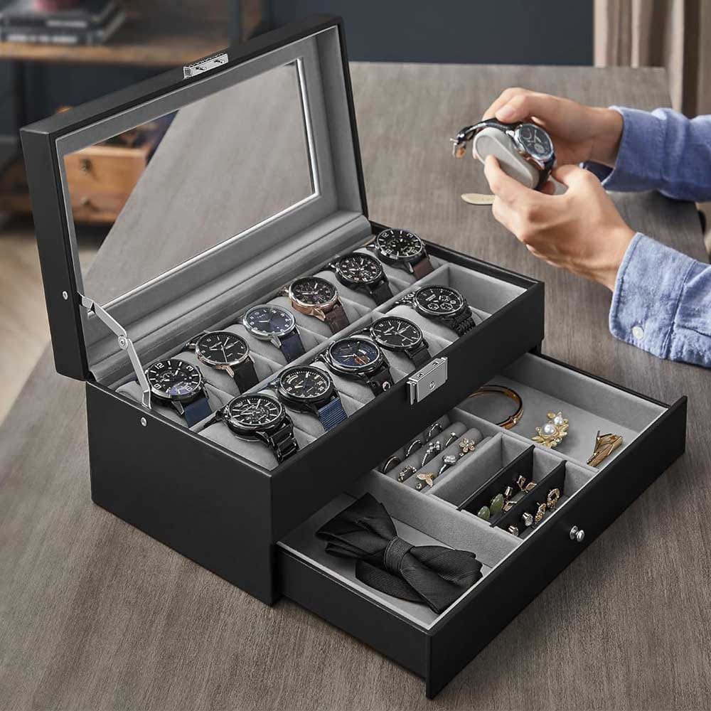 Leather watch and jewelry organizer with velvet-lined compartments and glass lid — a refined gift for grandpas who appreciate their keepsakes