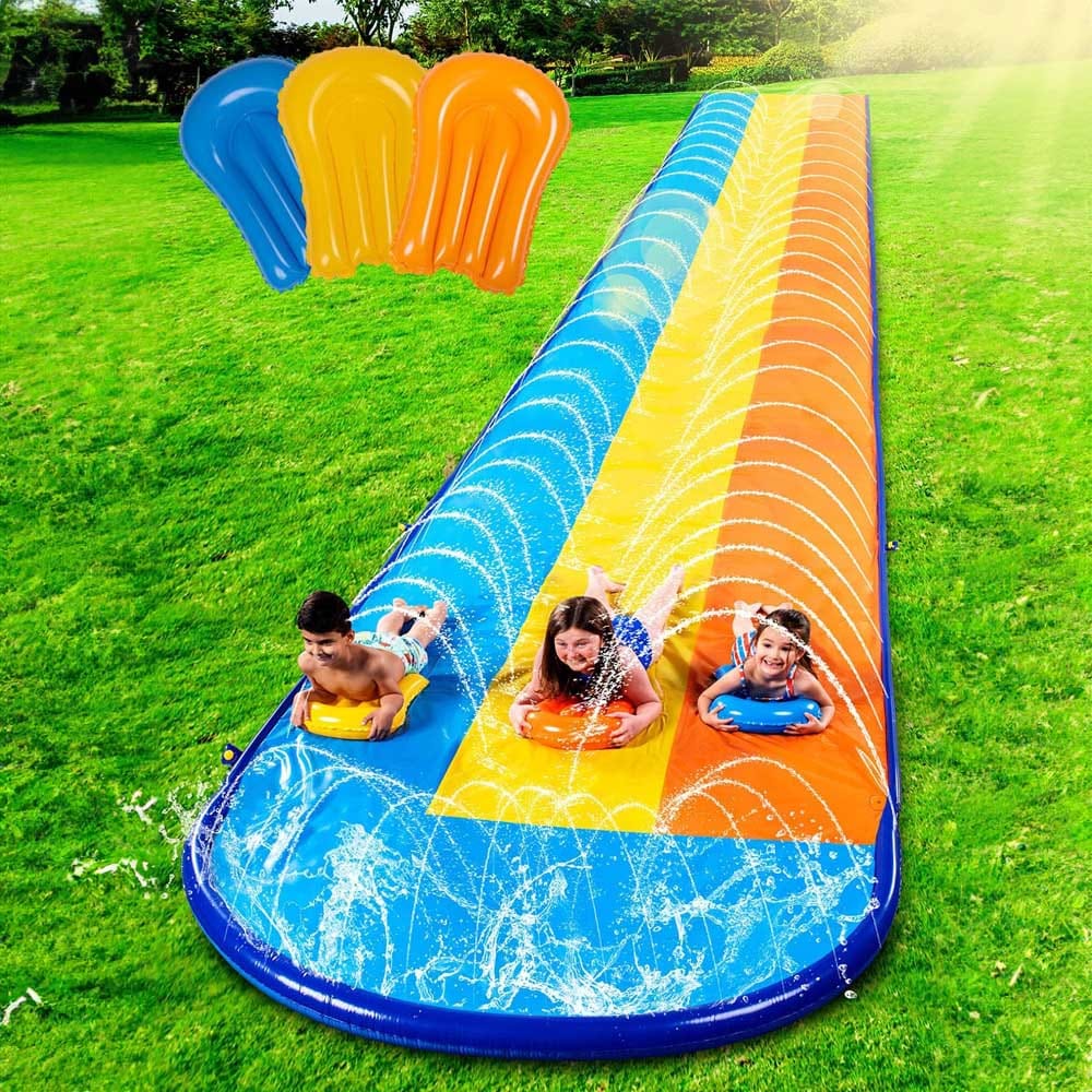 Triple-lane inflatable water slide for kids with built-in sprinklers and body boards — long outdoor slip and slide for backyard summer fun