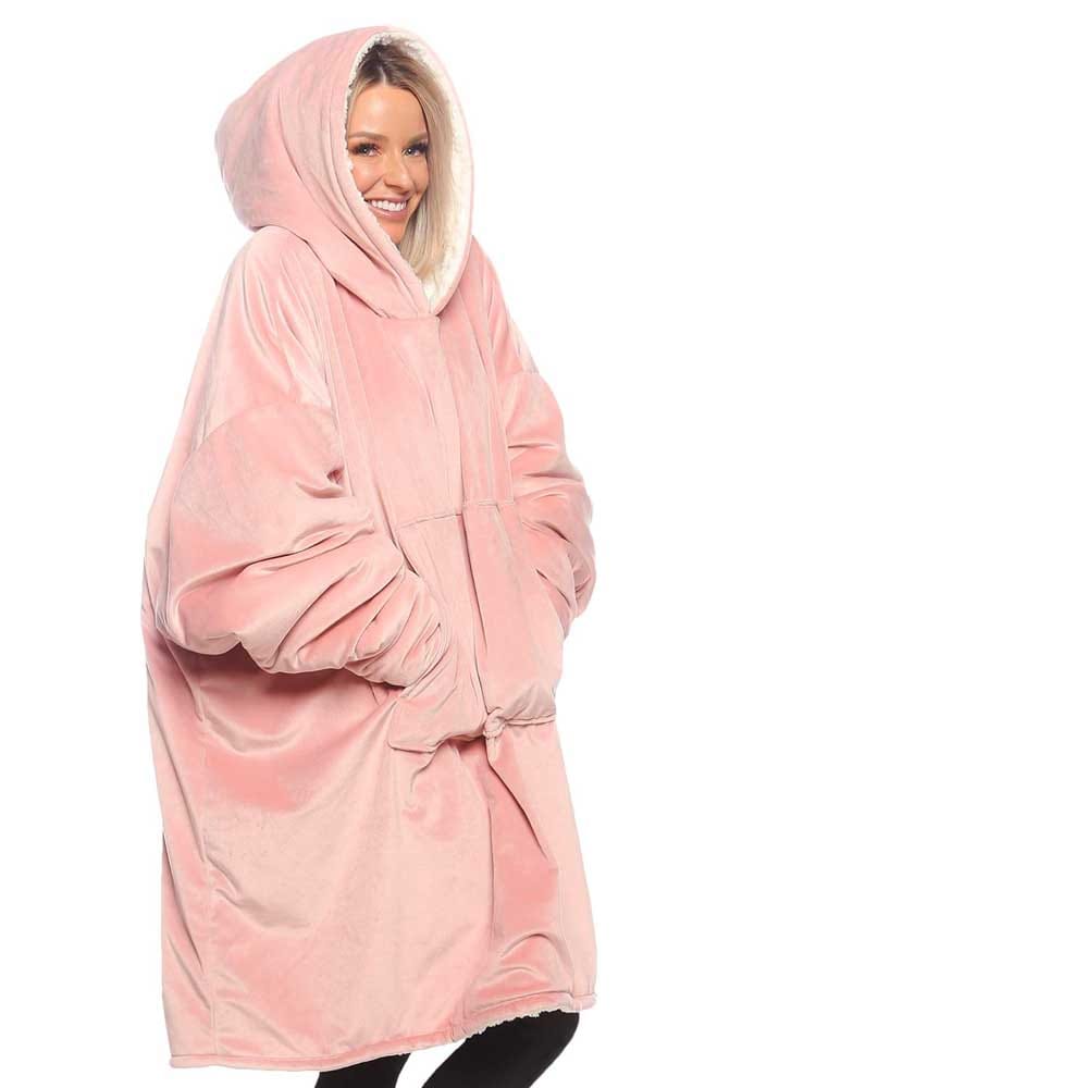 Oversized wearable blanket with sherpa lining and hood — cozy comfort gift for new moms