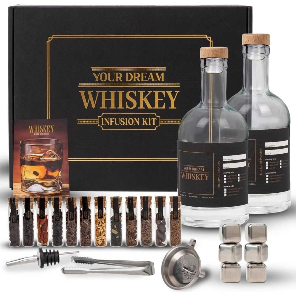 Whiskey infusion kit with bottles, wood chips, botanicals, and stones — a creative, classy gift for grandpas who love a personalized drink