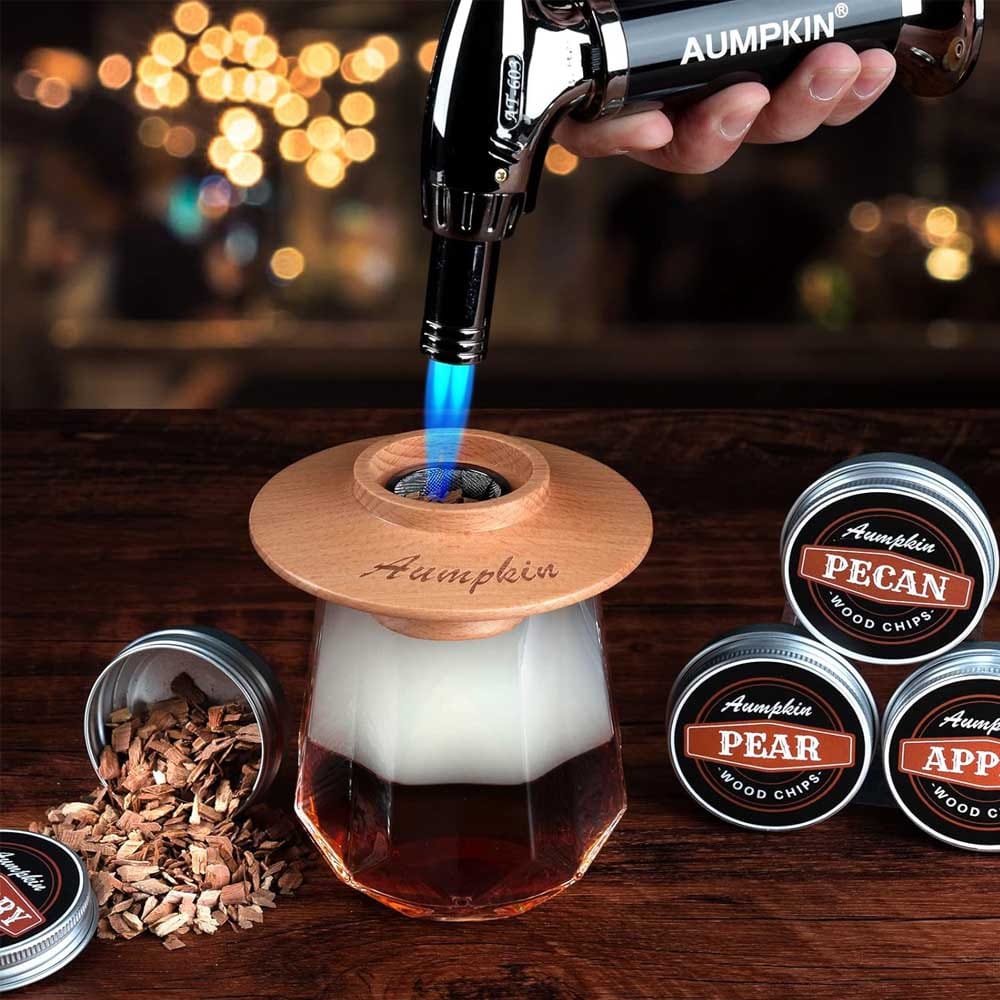 Cocktail smoker kit with oak wood lid, torch, wood chips, and accessories — elevate his whiskey with rich smoky flavor