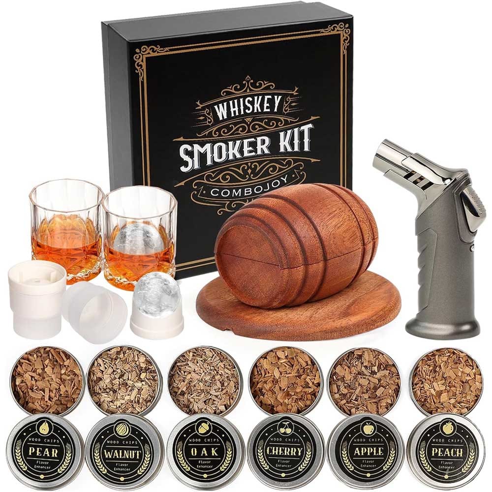 Whiskey smoker kit with torch, wood chips, glasses, ice molds, and accessories — perfect for infusing cocktails and spirits with rich smoky flavor