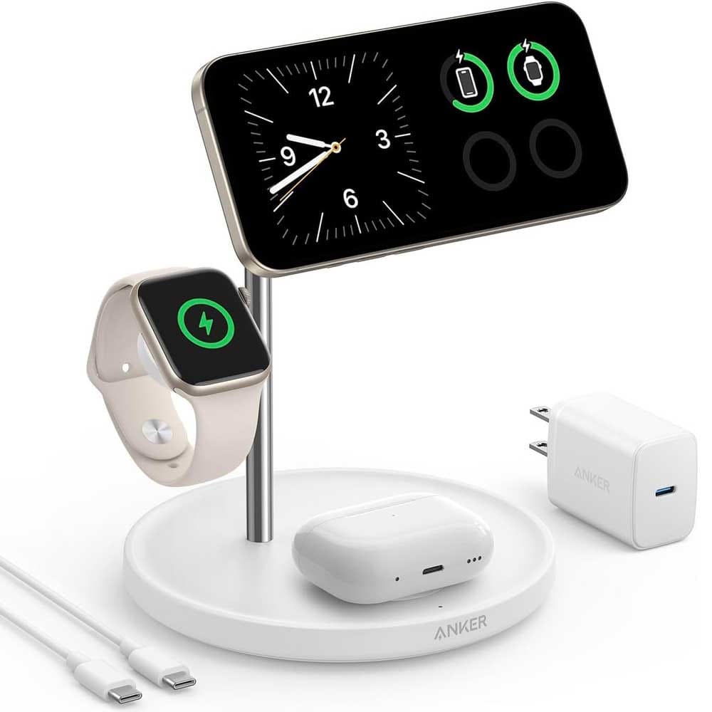 3-in-1 wireless charging stand for iPhone, Apple Watch, and AirPods — sleek, MagSafe-compatible gift for tech-loving men