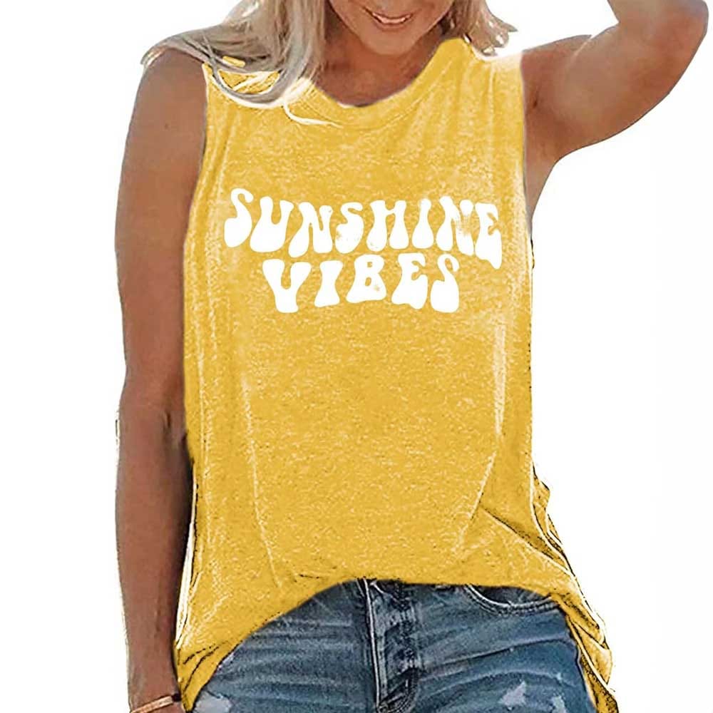 Women's cotton-blend summer tank top with 'Sunshine Vibes' lettering — sleeveless graphic tee for beach days and casual wear
