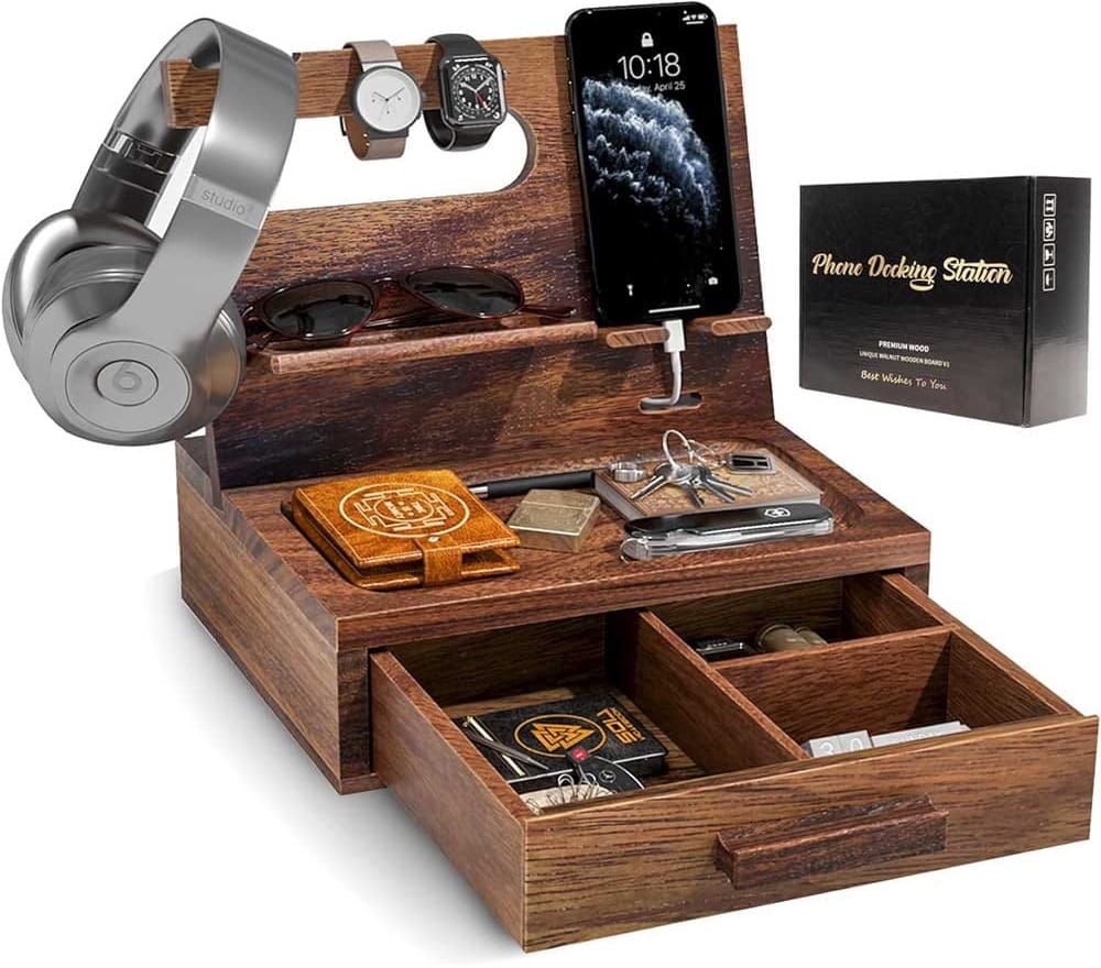 Solid walnut wooden docking station with drawer, phone stand, key hook, watch holder, and compartments — elegant and functional organizer for men