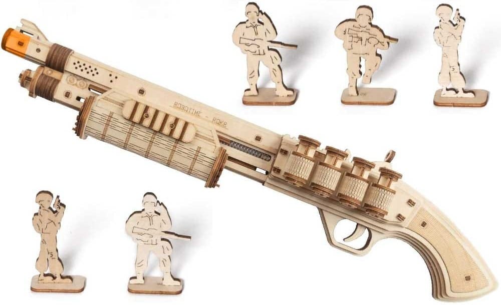 DIY wooden puzzle building kit with rubber band shooter and villain targets — fun, creative gift for hands-on teen boys