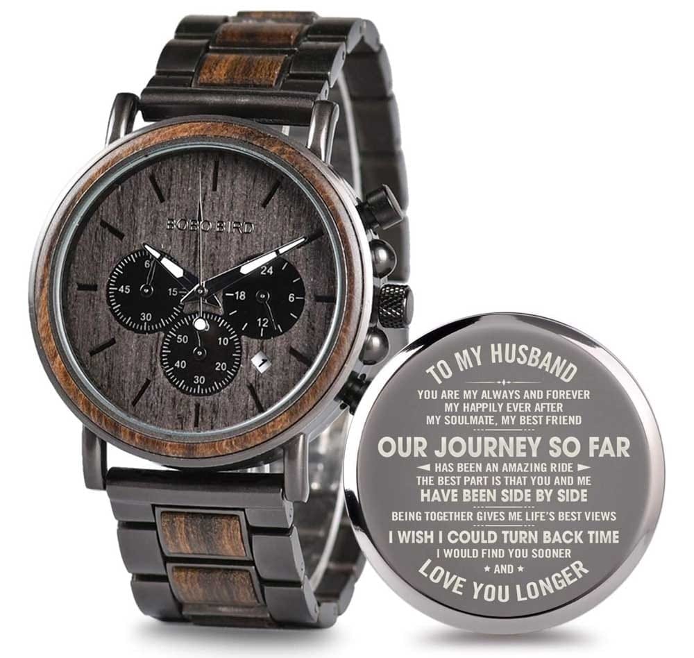 Engraved wooden wristwatch with dark wood grain and custom message — a perfect 5th anniversary gift for him