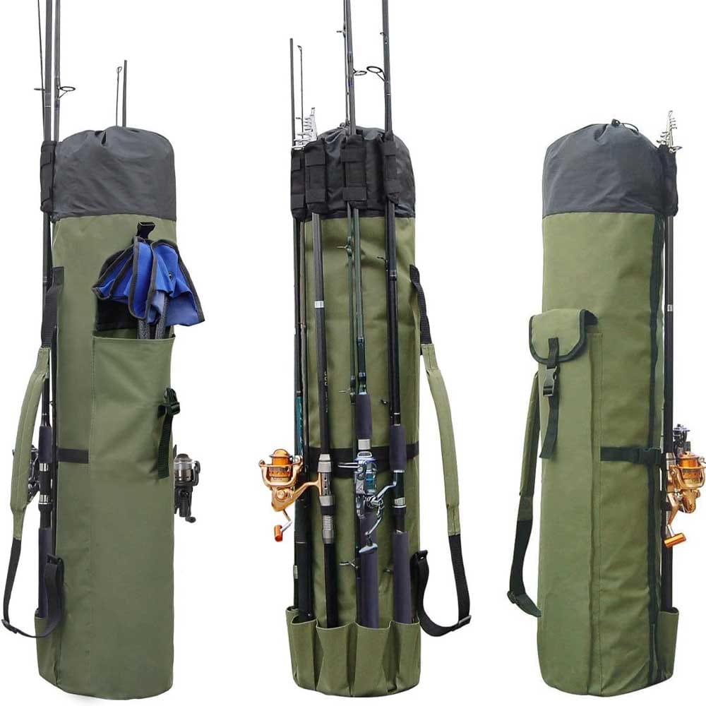 Canvas fishing rod and reel organizer bag with exterior rod slots, water-resistant fabric, and adjustable strap — ideal for storing and carrying multiple rods and gear