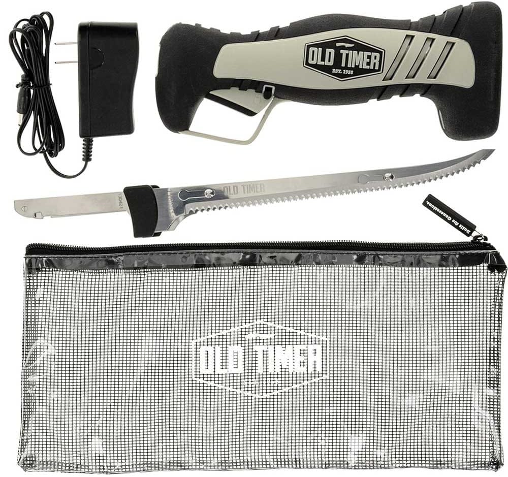 Electric fillet knife with lithium-ion battery, stainless steel blade, ergonomic handle, and mesh carry case — ideal for fast, clean fish prep