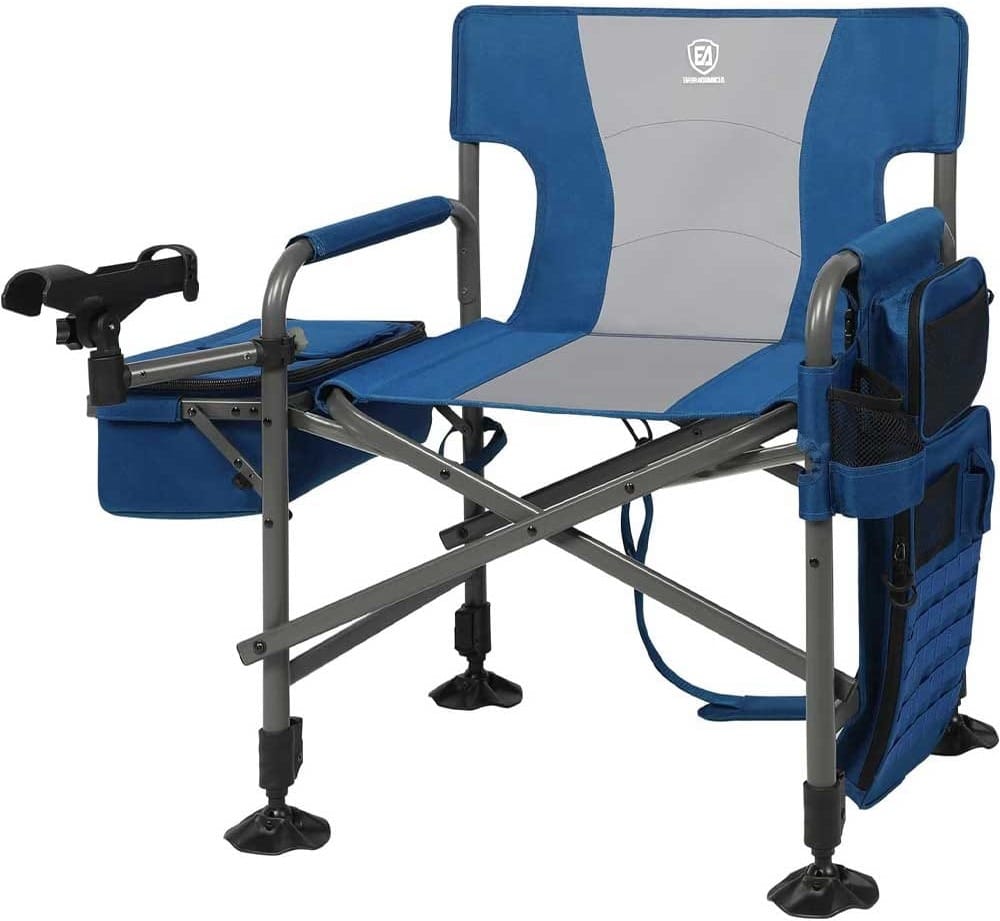 Adjustable fishing chair with built-in rod holder, cooler, and gear pockets — foldable, breathable, and perfect for long fishing trips