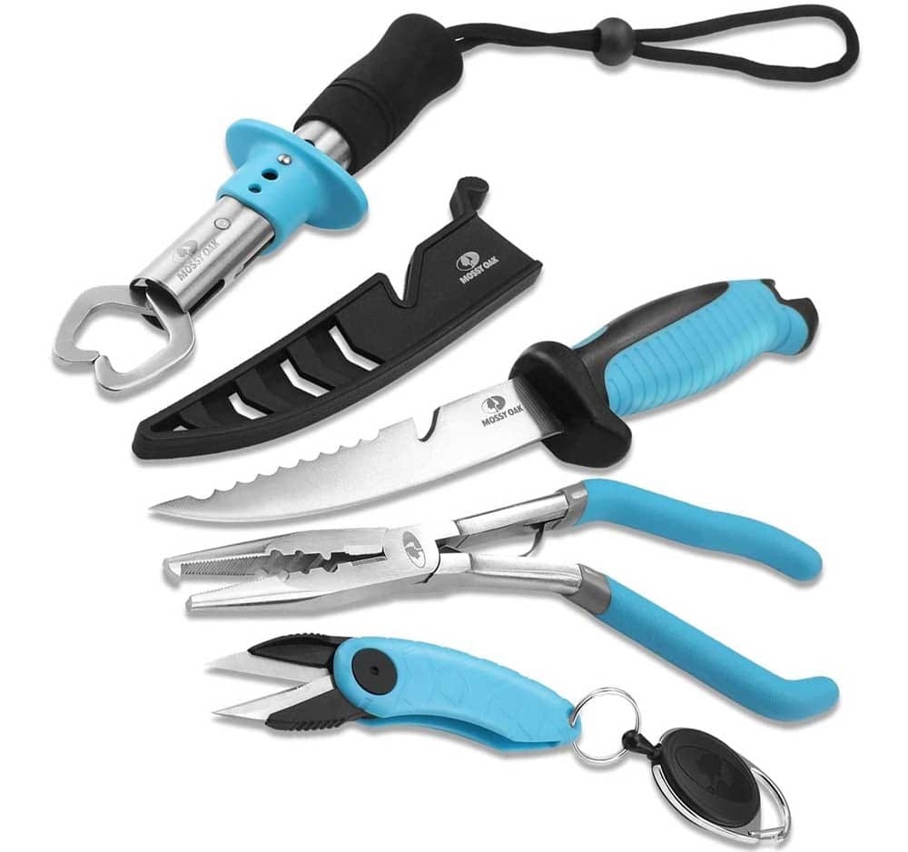 4-piece fishing tool kit with pliers, fillet knife, fish gripper, and line snip — essential tools for handling, cutting, and prepping fish on the go