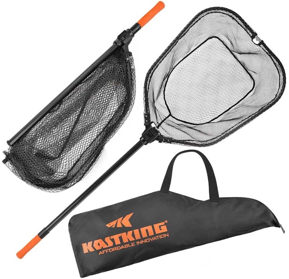 Foldable and extendable fish landing net with aluminum handle, EVA grip, and tangle-free netting — ideal for catch-and-release fishing and compact transport