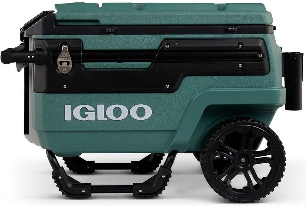 Igloo Trailmate Journey 70-quart cooler with large wheels, telescoping handle, and THERMECOOL insulation — perfect for keeping food and drinks cold on long fishing trips