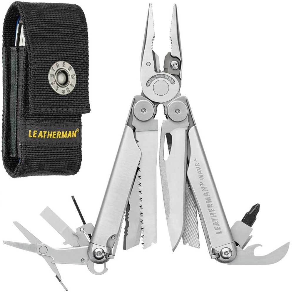 LEATHERMAN Wave+ multitool with 18 functions including pliers, wire cutters, scissors, and saw — compact, rugged, and ideal for fishing and outdoor use