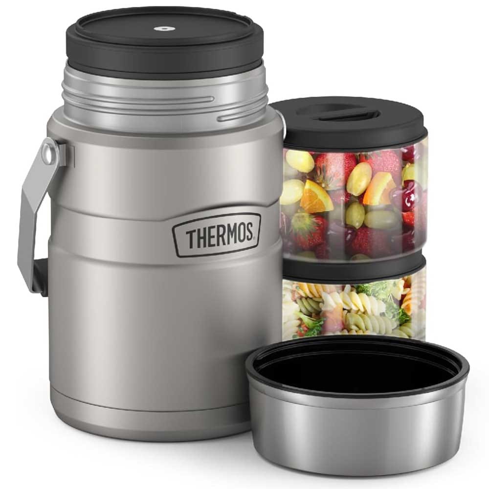 THERMOS vacuum-insulated stainless steel food jar with dual containers and carry handle — keeps food hot or cold for hours, perfect for fishing trips