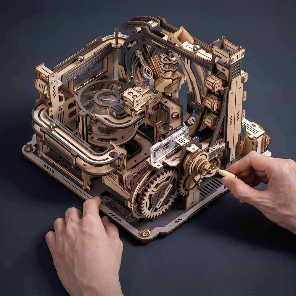 Intricate 3D wooden marble run puzzle kit with gears, spiral track, and detailed laser-cut pieces — an engaging and creative gift for boyfriends who love a challenge