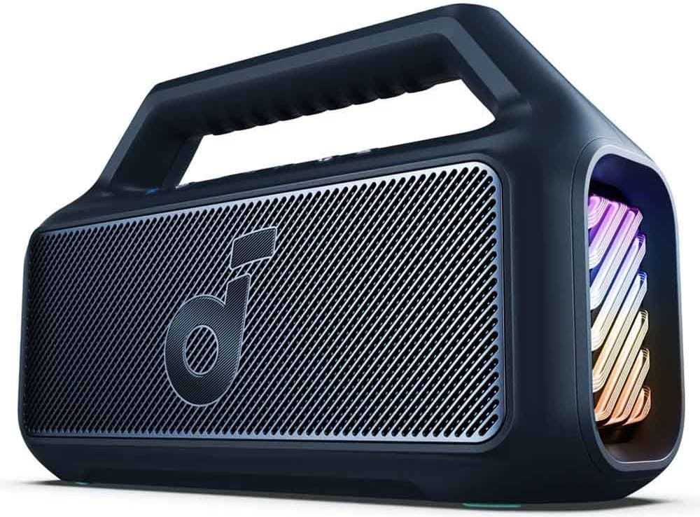 Anker Soundcore Boom 2 portable Bluetooth speaker with LED lights, built-in handle, and waterproof design
