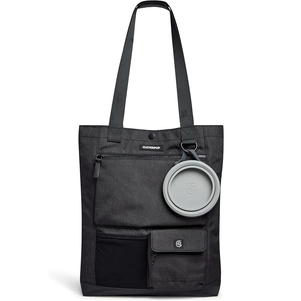 Stylish gray dog gear tote bag with multiple pockets, treat pouch, and collapsible bowl — a smart, organized gift for dedicated dog walkers