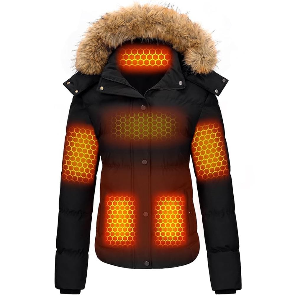 Graphene heated jacket for women in black with battery pack — a premium cold-weather gift for dog walkers who brave winter mornings