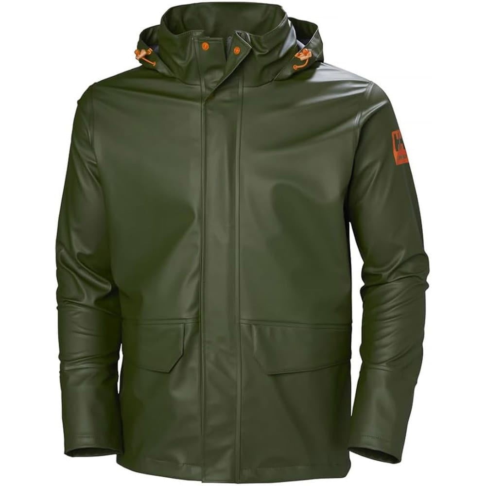 Helly-Hansen men’s waterproof rain jacket in dark green with hood and front zipper — rugged, professional-grade outerwear for dog walkers in all weather