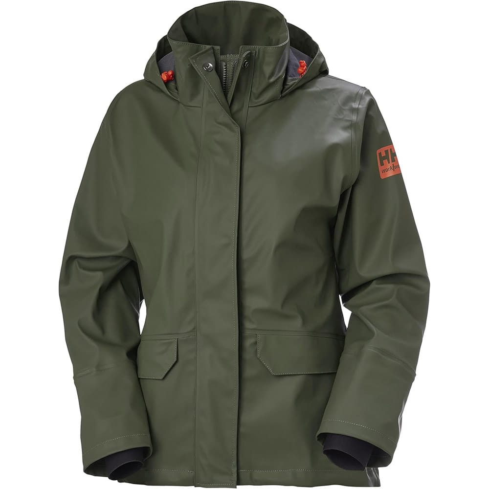 Helly-Hansen women’s waterproof rain jacket in army green with hood and adjustable fit — perfect outerwear gift for dog walkers in wet weather