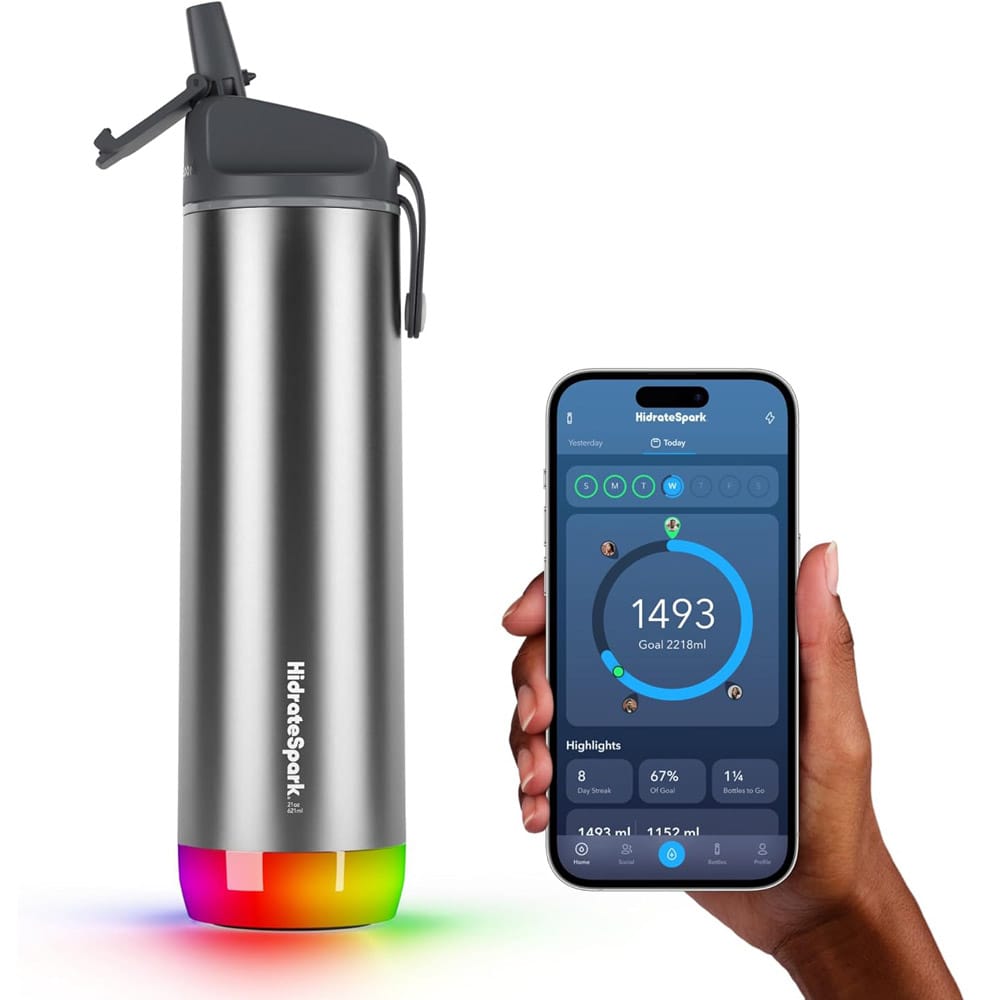 Hidrate Spark PRO smart water bottle in stainless steel with glowing sensor puck — a tech-savvy hydration gift for active dog walkers