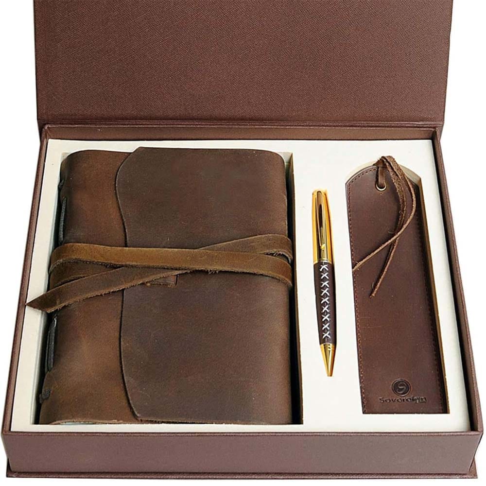 Leather journal gift set with rustic notebook, pen, and bookmark — a meaningful gift for dog walkers who love to write, sketch, or reflect