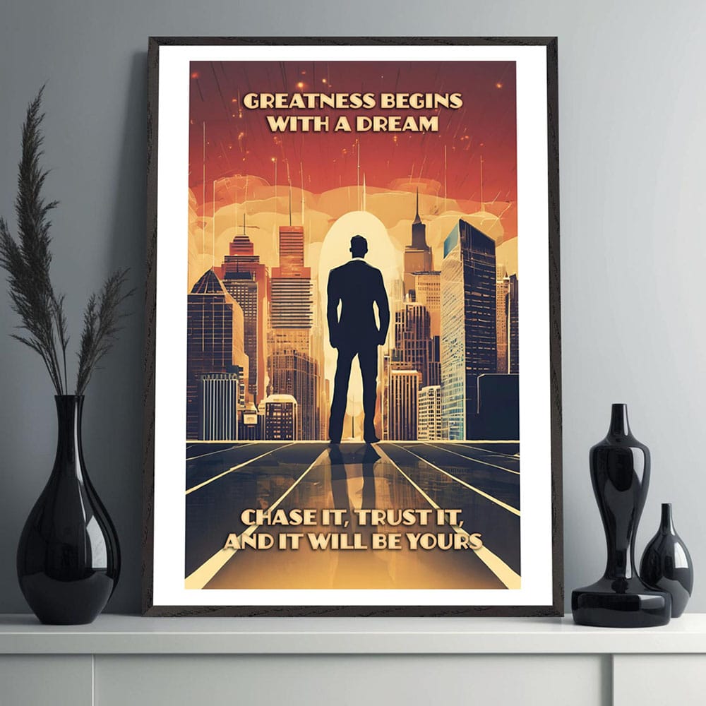 Mock-up of inspirational dream-themed poster displayed in a creative home office space.
